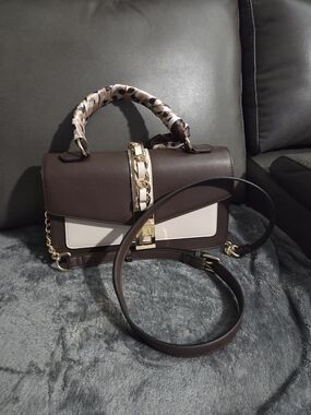 Aldo Brown and Cream Top-Handle Satchel with Gold Chain Trim